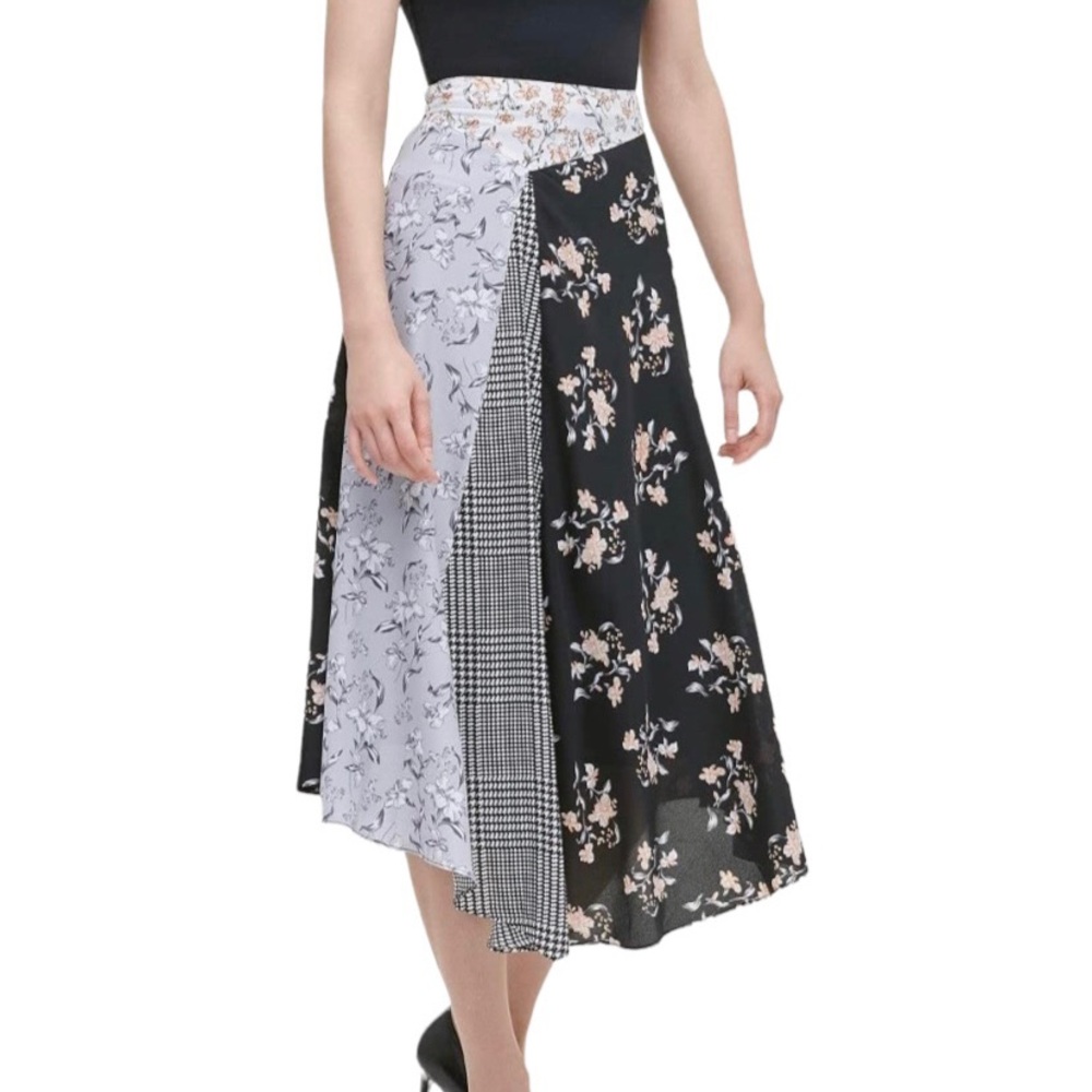 Calvin Klein Houndstooth Floral Plaid Georgette Office Casual Summer Midi Skirt - Picture 2 of 12